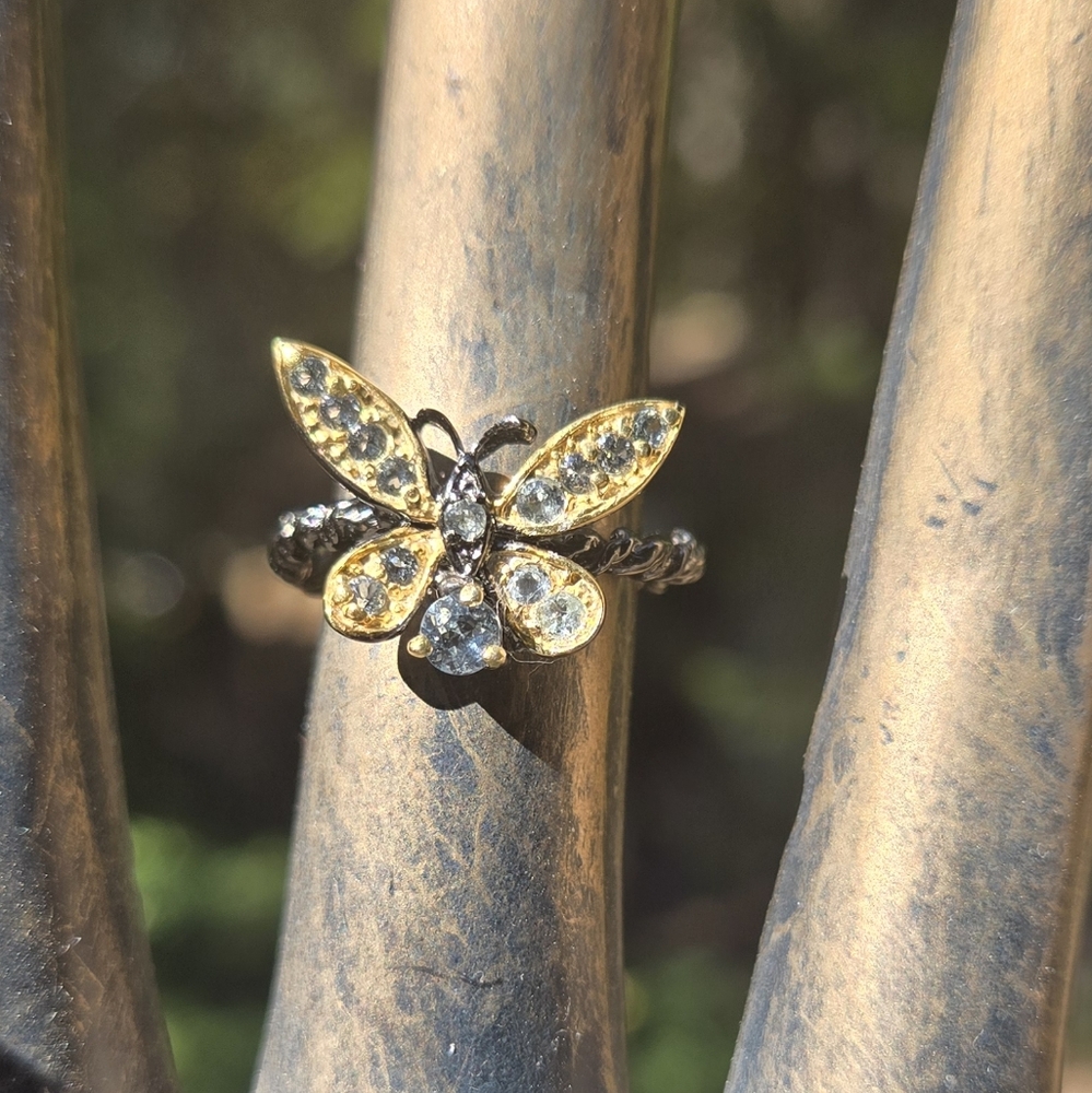 Blue Topaz Natural Gemstone Sterling Rhodium & Gold Butterfly Ring Sz7 - Picture 3 of 10